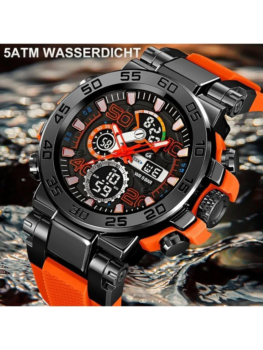 Men's Orange Analog Quartz Waterproof Sports Outdoor Military LED Digital Watch